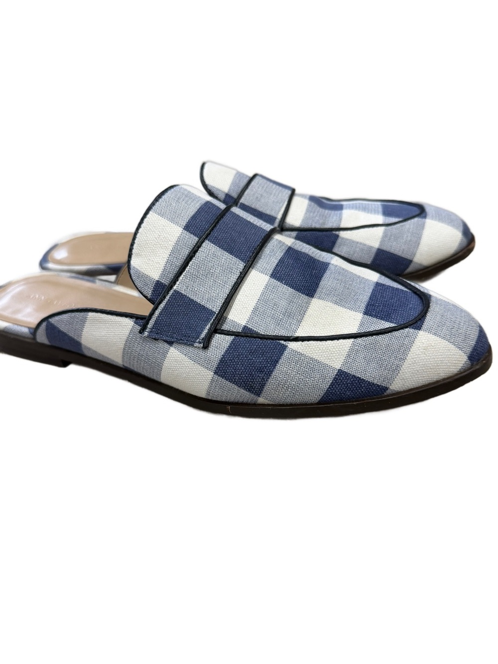 Ann Taylor Navy Blue Gingham Plaid Pointed Toe Mules Size 9.5M EUC